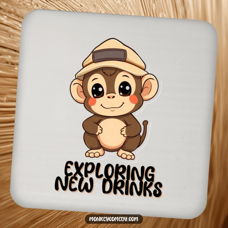 Funny Kawaii Monkey Explorer Coaster: A curious monkey in an explorer hat looks around, adding a touch of adventure humor to your table.