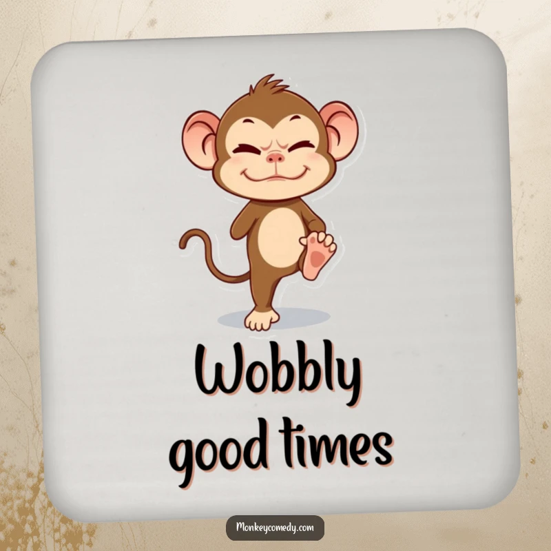 Funny Monkey Coaster featuring a primate hilariously balancing on one leg with a grimace, for table protection.