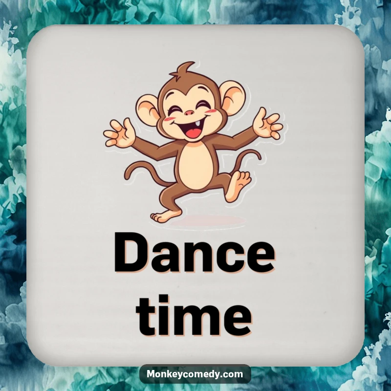 Funny monkey drink coaster featuring an energetic character doing a funny dance with arms and legs flailing, adding humor to tables.
