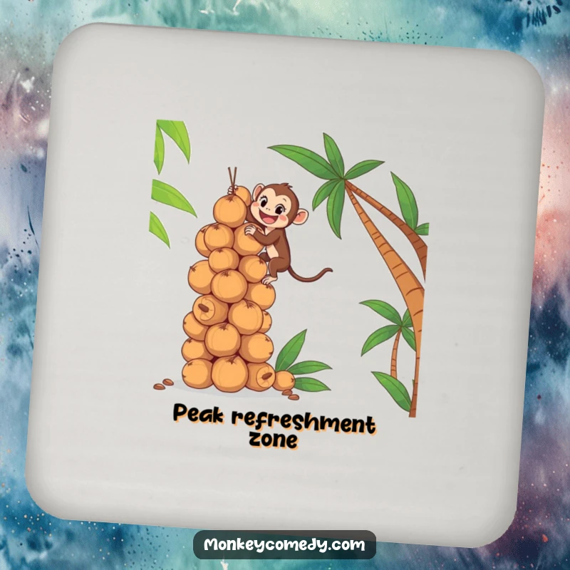 Funny coaster depicting an eager monkey climbing a stack of coconuts, adding playful tropical humor to your space.