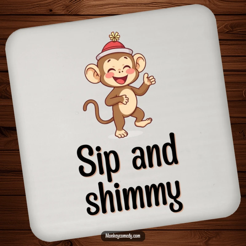 Funny monkey wearing a tiny hat, giggling and dancing, designed for a protective and funny drink coaster for a funny gift.