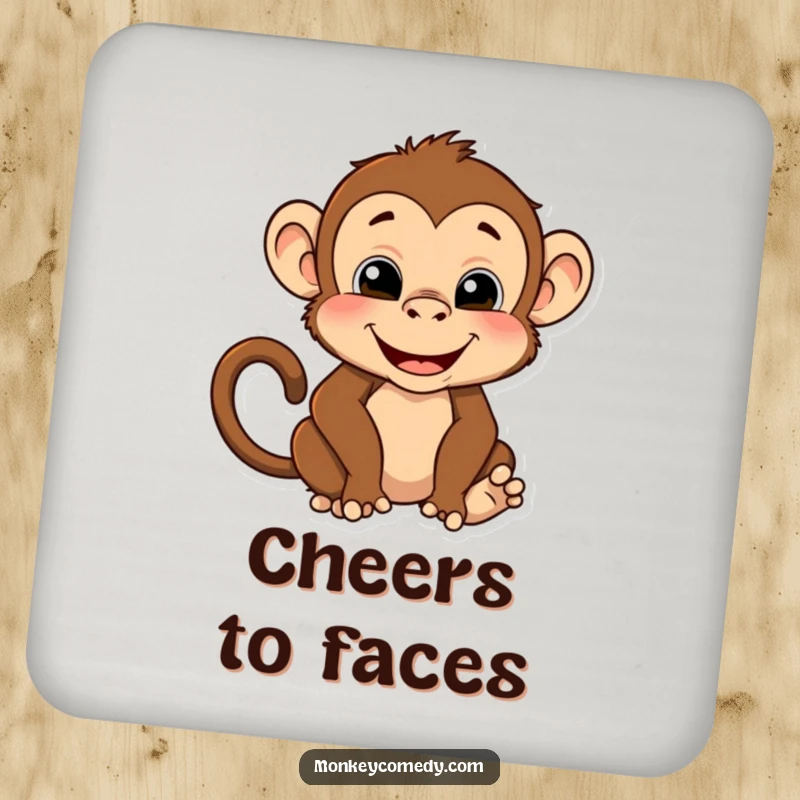 Funny drink coasters showcasing a monkey making a funny face and a silly pose, adding a humorous and expressive touch to any table.