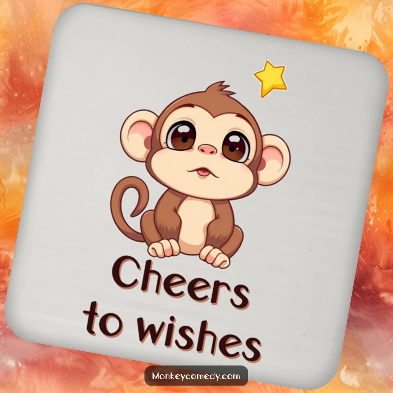 Funny Monkey Falling Star Coaster: Protects surfaces with a humorous depiction of a monkey watching a falling star, adding cosmic charm.