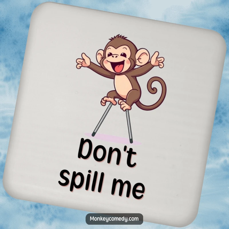 Funny monkey on stilts drink coaster, featuring a primate comically trying to balance, protecting surfaces with humor.