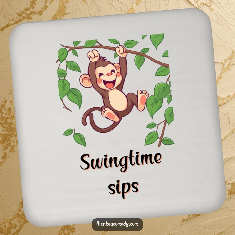 Funny monkey drink coaster featuring an enthusiastic monkey swinging from a vine, protecting surfaces with jungle humor.