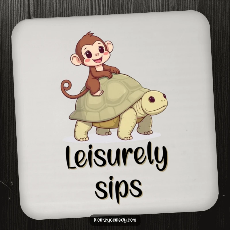 Funny drink coasters showcasing a monkey riding a tortoise with glee, adding a touch of amusing, slow-paced charm to any table.