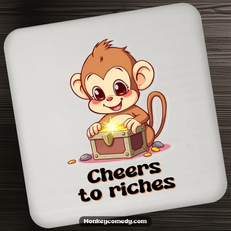 Funny drink coaster depicting an excited monkey finding a treasure chest, perfect for adding humor to tabletops.