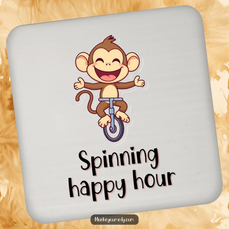 Funny Monkey Coaster: A joyful monkey rides a unicycle with a large, proud smile, protecting surfaces with charm.