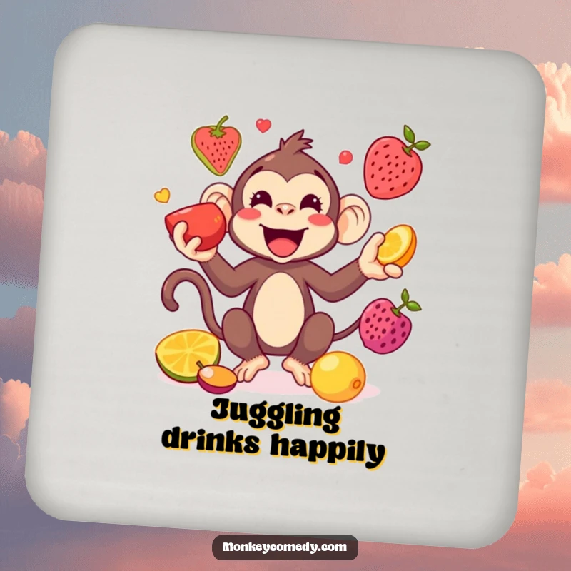 Funny Kawaii Monkey Juggling Coaster: A playful monkey juggles fruits, adding a splash of cheerful humor to your table setting.