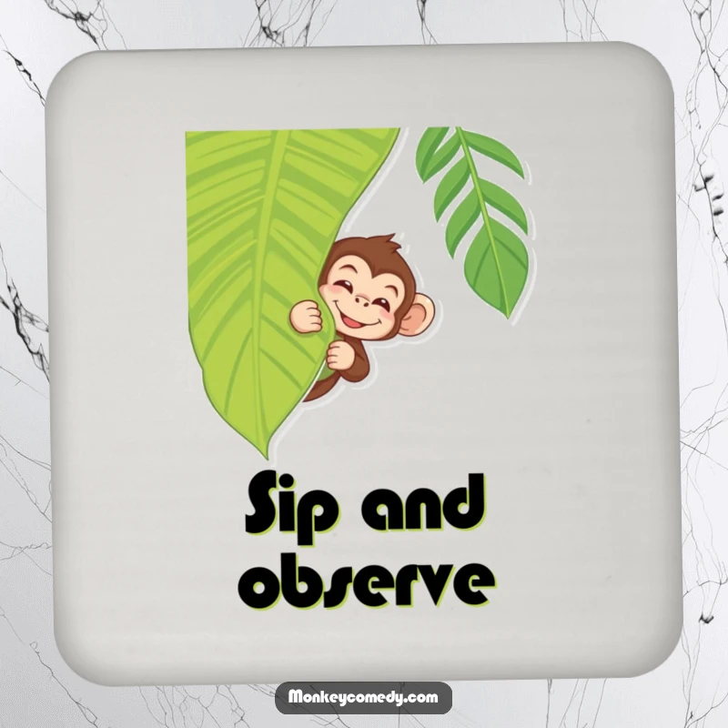 Jungle Monkey Drink Coaster showing a monkey peeking with a wink from behind a tropical leaf, a fun accessory.