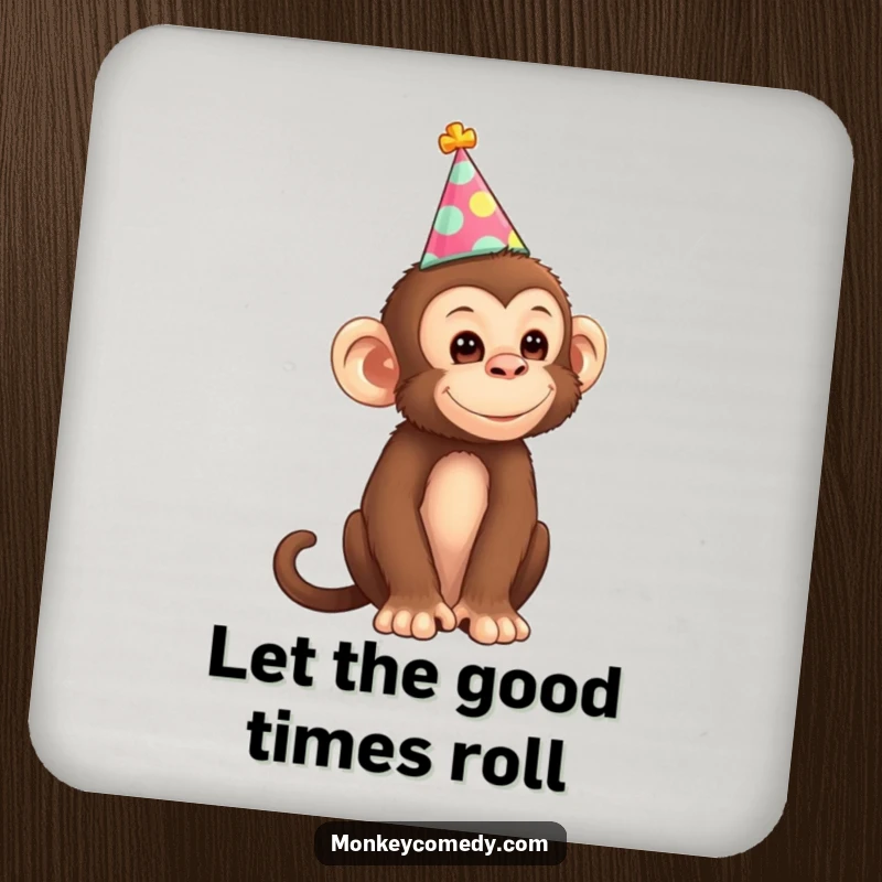 Funny Monkey Drink Coaster with a cute monkey wearing a party hat, adding a humorous and protective touch to any tabletop.