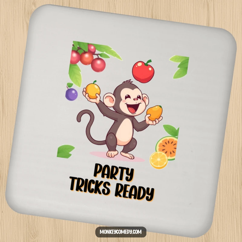 Funny drink coaster with a monkey juggling colorful fruits, bringing skill and humor to drink protection.