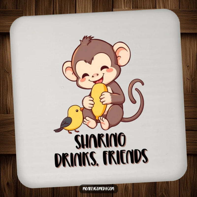 Funny monkey sharing a banana with a small bird, cheerful scene, humorous drink coaster, perfect funny gift.