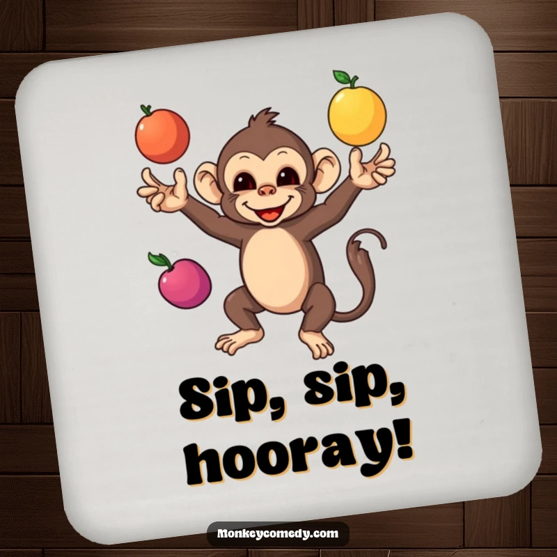 Funny Monkey Drink Coaster with a skilled monkey juggling fruits, adding a humorous and protective touch to any tabletop.