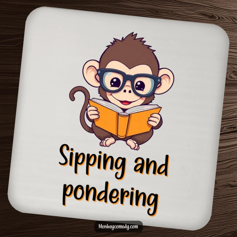 Funny Monkey Coaster: A humorous monkey with oversized glasses reads a tiny book, protecting surfaces with charm.