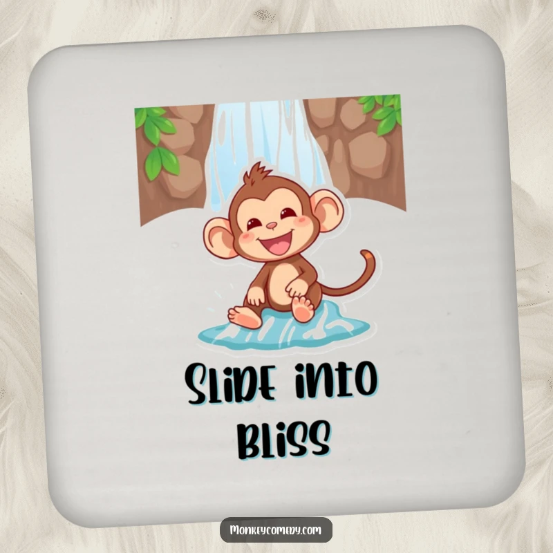 Funny drink coaster showing a monkey sliding down a waterfall, adding a touch of adventure and humor to tabletops.