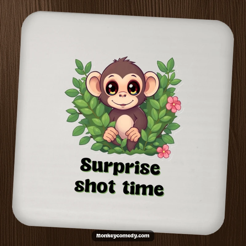Funny coaster with a monkey, eyes wide, peeking from behind a bush, adding a playful and humorous touch.