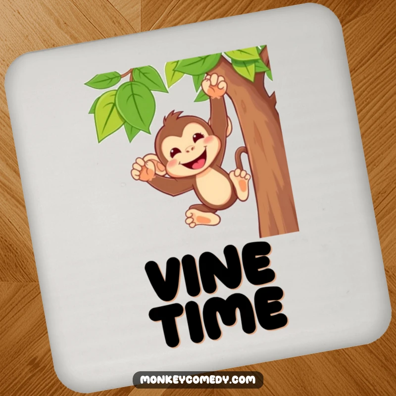 Funny monkey drink coaster featuring a cute character with a wide, cheeky grin, swinging from a vine, adding humor to tabletops.