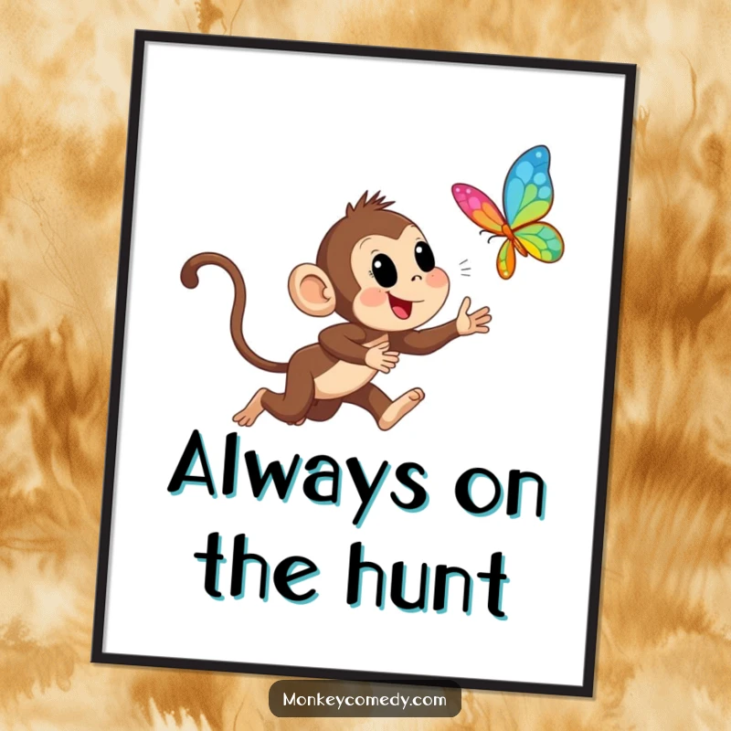 Funny Monkey Chasing Butterfly Poster: Animated monkey enthusiastically pursues a colorful butterfly, creating a vibrant and humorous wall art piece.