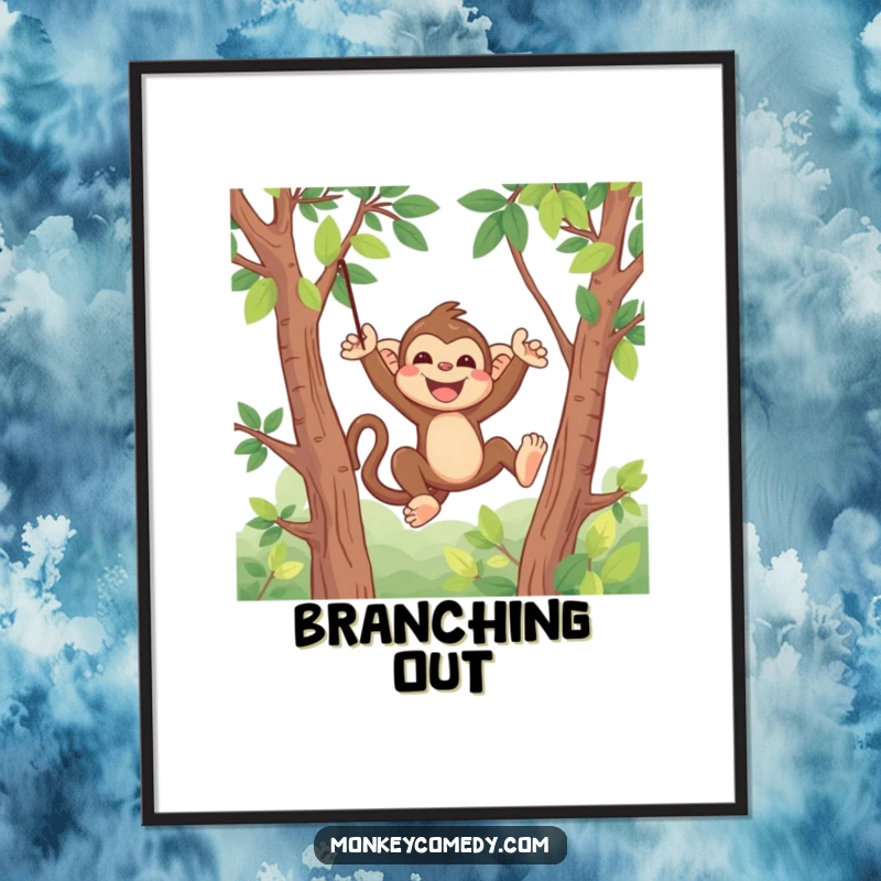Funny Kawaii Monkey Poster: Vibrant wall art of a cute monkey swinging with great joy through lush jungle trees.