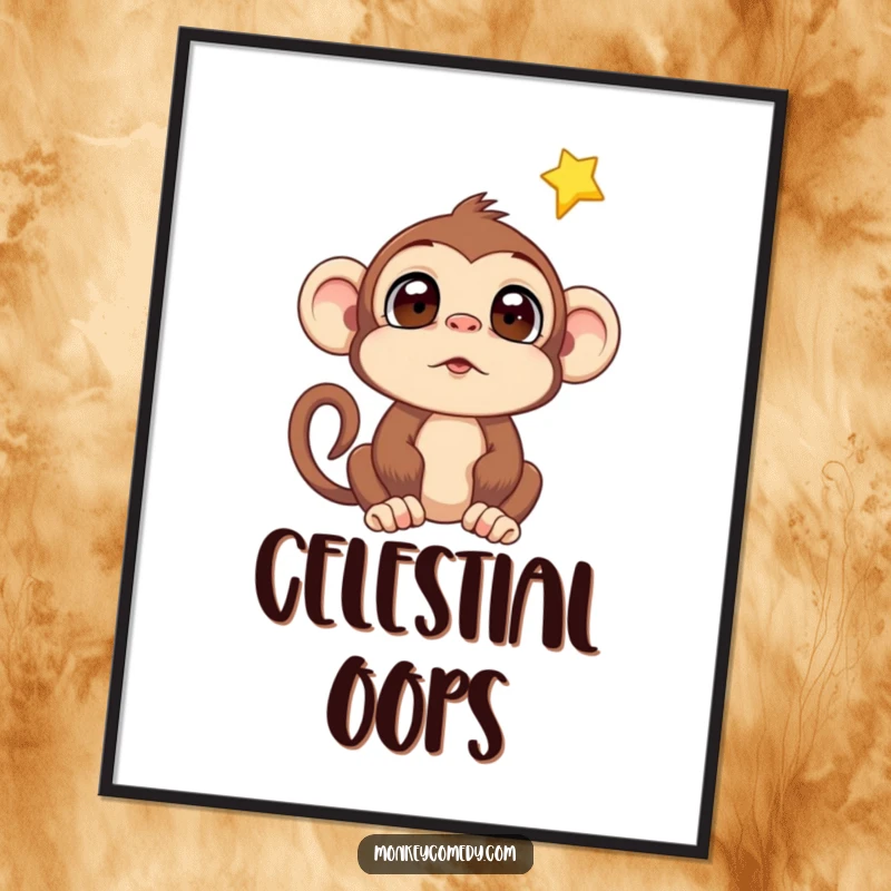 Funny Monkey Falling Star Poster: Art print of a surprised monkey looking up at a shooting star, creating a magical and whimsical wall display.