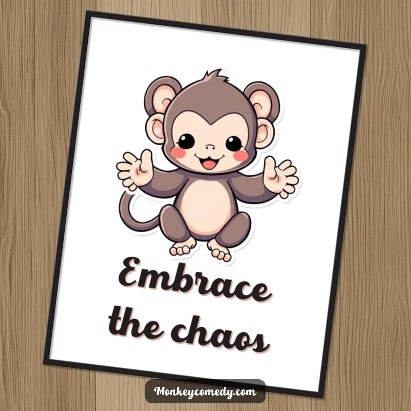 Funny Kawaii monkey with arms spread wide, inviting embrace, as a vibrant poster print, cartoon wall art.