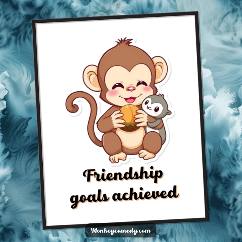 Funny Kawaii Monkey Poster: A heartwarming scene of a monkey sharing a nut, showcasing adorable friendship and cute decor.