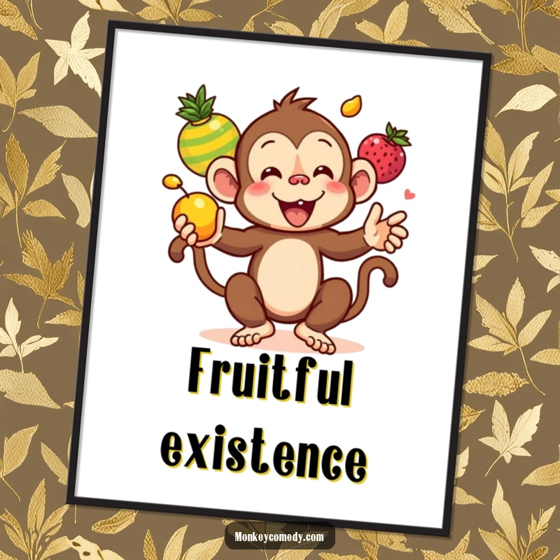 Funny Kawaii Monkey Juggling Colorful Fruits Poster, a delightful scene of a monkey juggling a vibrant assortment of fruits, adding humor to decor.