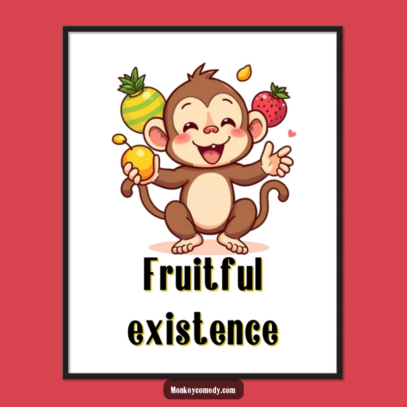 Funny Kawaii Monkey Juggling Fruits Poster - Hilarious Wall Art for a Playful Vibe