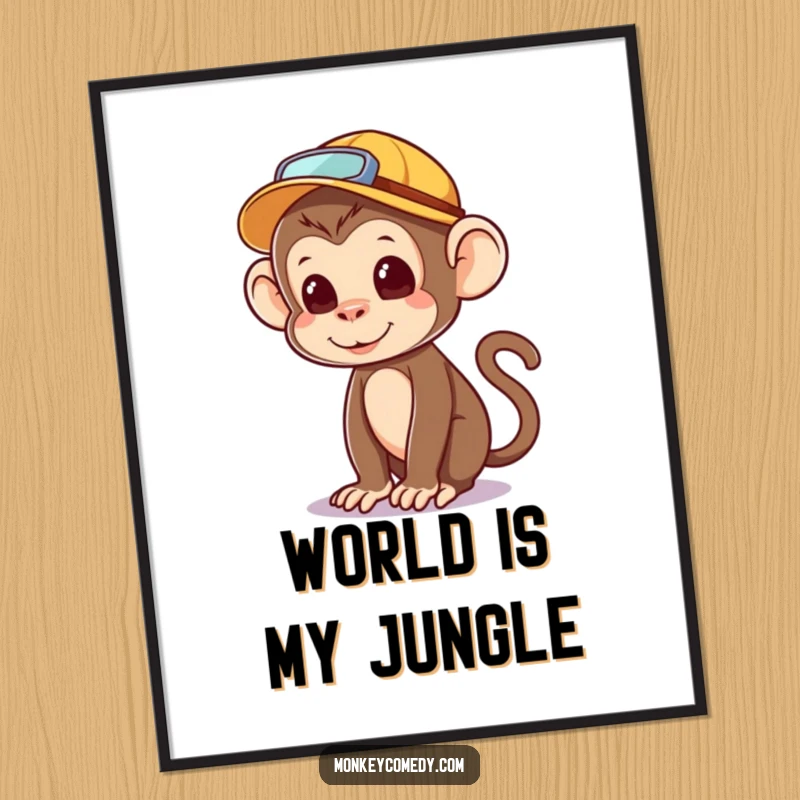 Funny kawaii monkey poster, explorer hat, looking around curiously, adorable and humorous adventure decor.