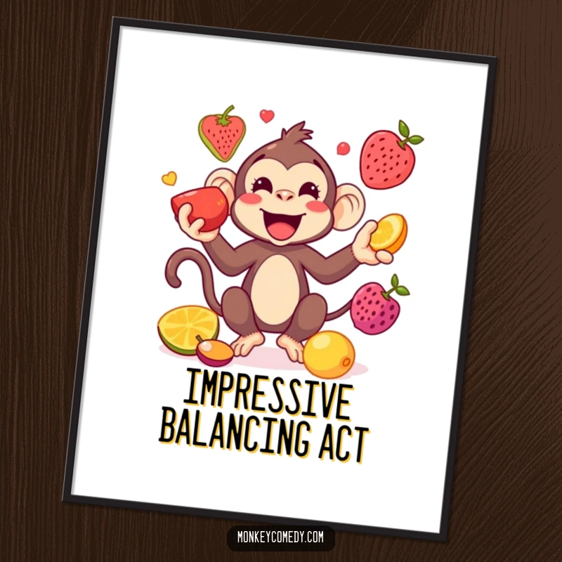 Funny Kawaii Monkey Juggling Poster: A kawaii monkey playfully juggles colorful fruits, creating a vibrant and humorous piece of wall art.