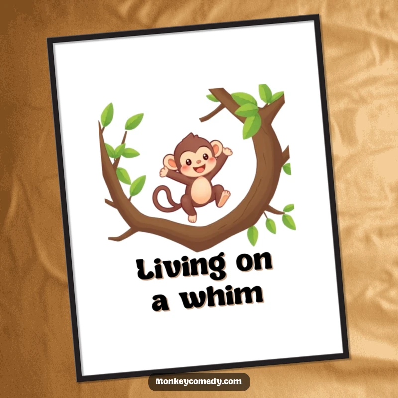 Funny Kawaii Monkey Poster: A cute monkey leaps joyfully between branches, showcasing energetic and adorable wall art.