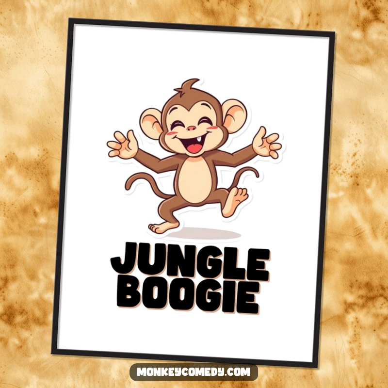 Funny monkey poster showing an energetic character doing a hilarious dance with arms and legs flailing, adding a humorous touch to decor.