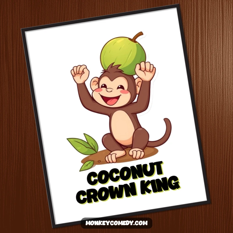 Funny Poster: A monkey grins while balancing a coconut on its head, a humorous and charming artwork.