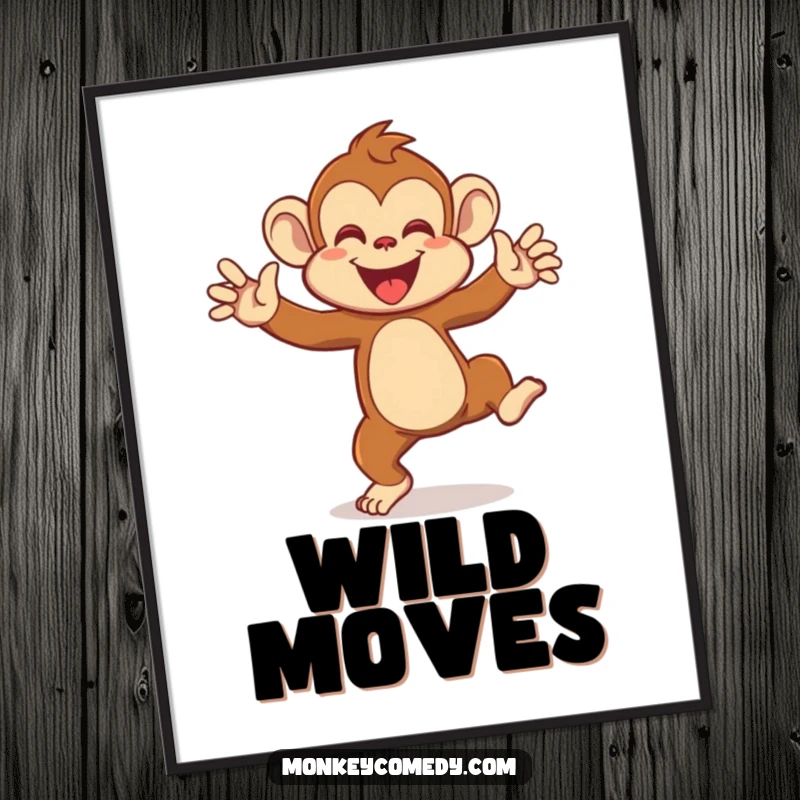 Funny poster illustrating an excited monkey performing a chaotic, joyous dance with flailing arms, perfect for a lively and humorous decor.