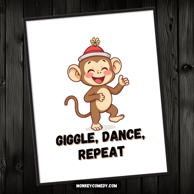 Funny monkey in a tiny hat, captured mid-giggle during a dance, bringing vibrant humor to this poster for a funny gift.