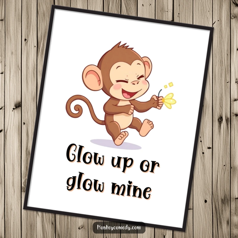 Funny monkey with a mischievous glint, chasing a brilliant firefly, presented as a humorous poster for a funny gift.