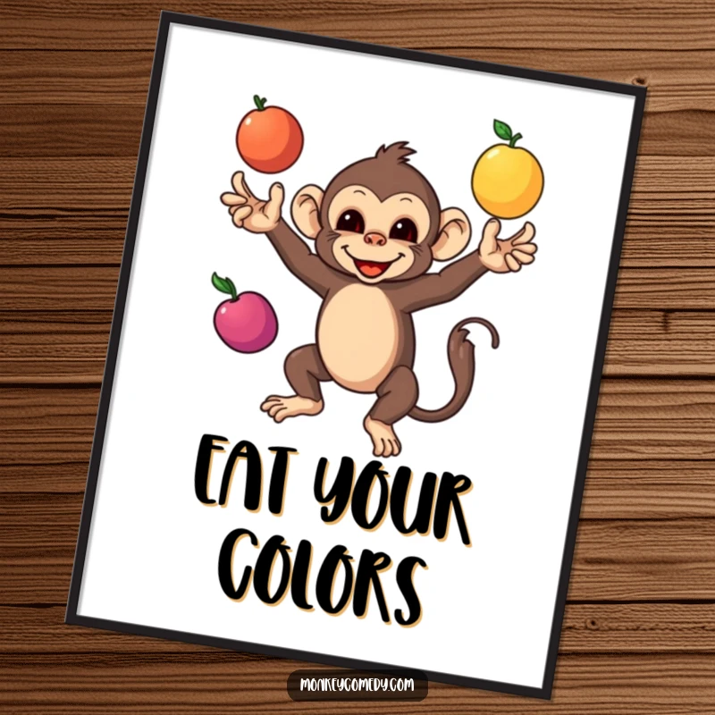 Funny Monkey Poster of a dexterous monkey juggling three colorful fruits, celebrating skill, fun, and a lively artistic display.