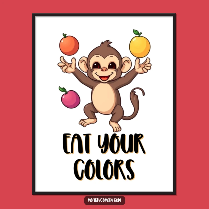 Funny Monkey Juggling Fruits Poster: Vibrant Wall Art for a Playful, Skillful Vibe