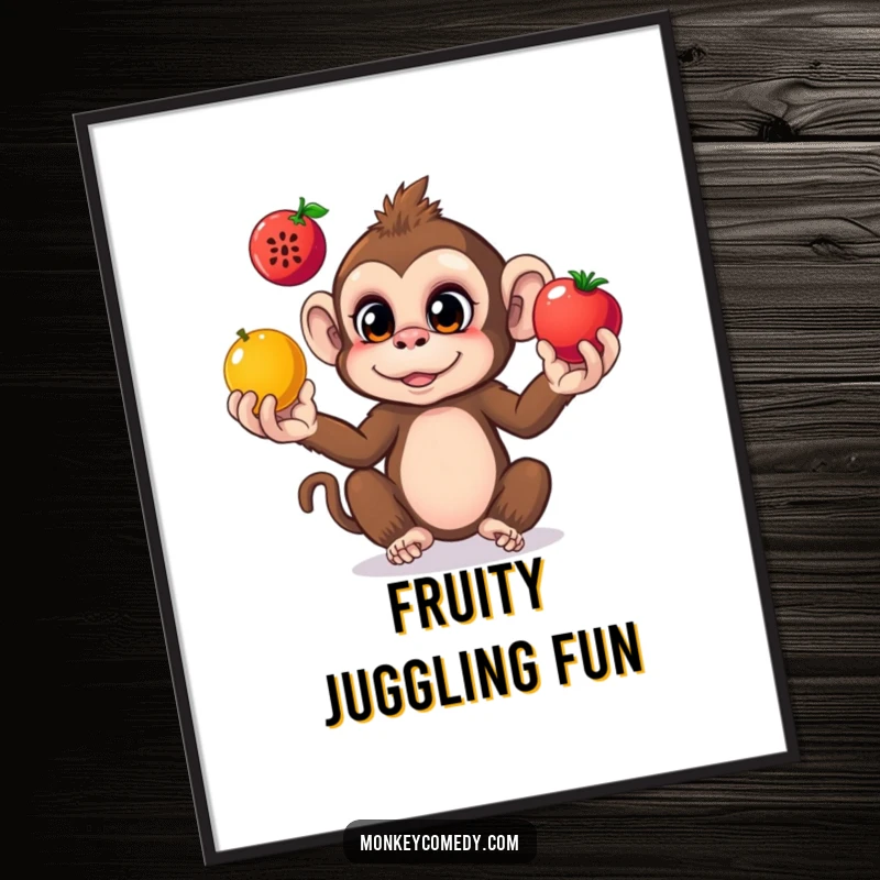 Funny monkey poster featuring a curious monkey juggling three colorful fruits, bringing jungle fun to your wall.