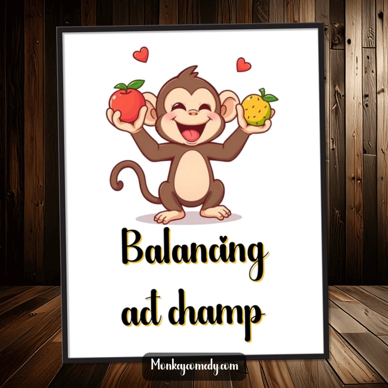 Funny Poster: A giggling monkey juggles three colorful fruits with its hands and feet in a display of skill.