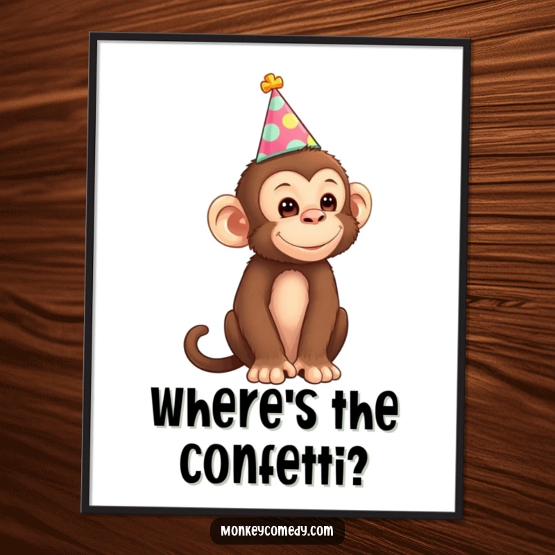 Funny Monkey Poster of a jubilant monkey wearing a tiny party hat, ready to liven up any room with its festive and amusing presence.