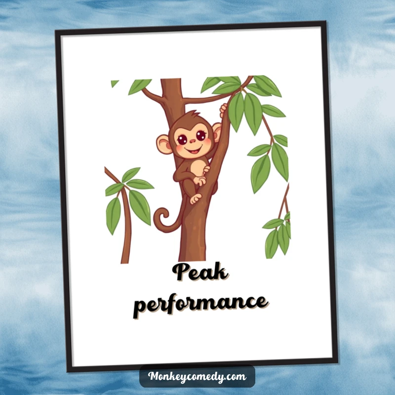 Funny Monkey Poster depicting a determined primate climbing a thin tree, symbolizing perseverance and humor.