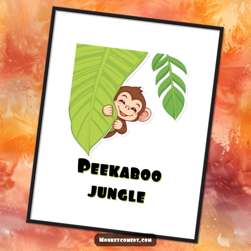 Funny Monkey Poster print of a monkey peeking with a wink from behind a tropical leaf, whimsical wall art.