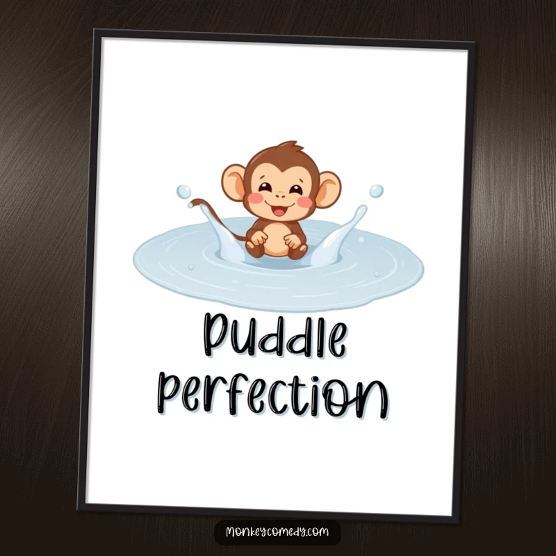 Funny monkey puddle splash poster, vividly depicting a primate's ecstatic joy in a large puddle, bringing cheerful energy.