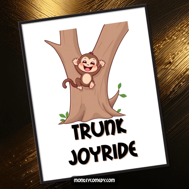 Funny monkey poster depicting a gleeful monkey sliding down a smooth tree trunk with pure delight, bringing jungle fun home.