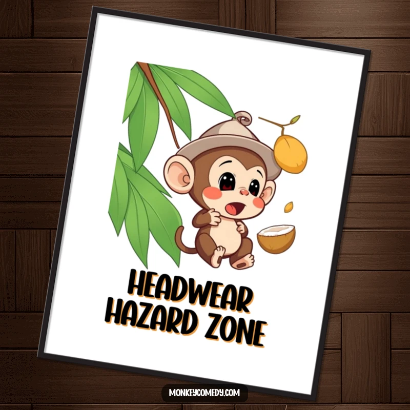 Funny surprised monkey poster showing a monkey in a hat looking shocked by a falling coconut, adding humor to walls.