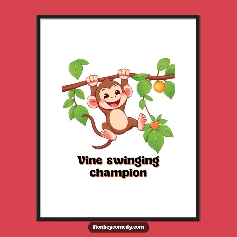 Funny Swinging Monkey Poster - Grinning Jungle Art Print, Humorous Decor