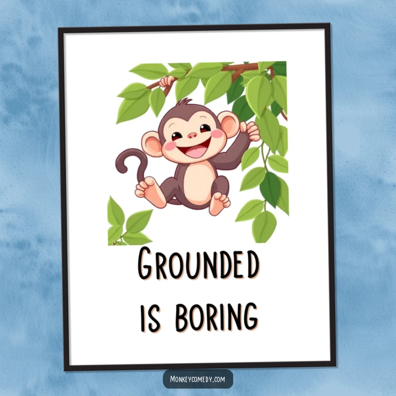 Funny kawaii monkey poster, wide grin, swinging on a vine, adorable and humorous jungle decor.