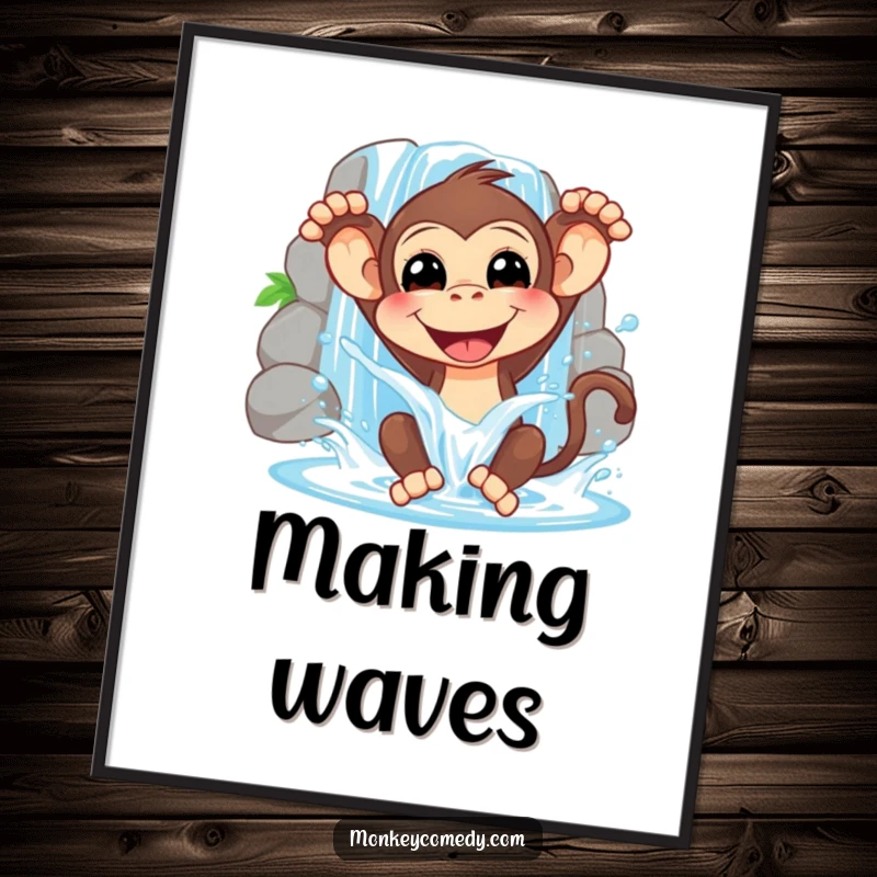 Funny poster capturing a monkey's pure joy as it splashes water from a waterfall, perfect for a refreshing and amusing wall accent.